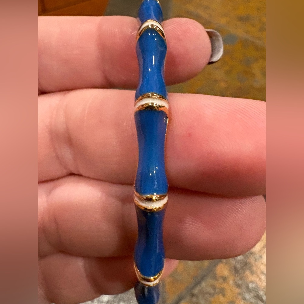 Blue Enamel Bamboo Style Bangle Bracelet Gold Tone NWOT - Picture 3 of 4
